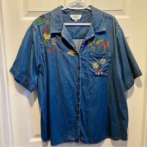 Vintage Only Denims Shirt buttons down embroidered fall floral 2X short sleeve